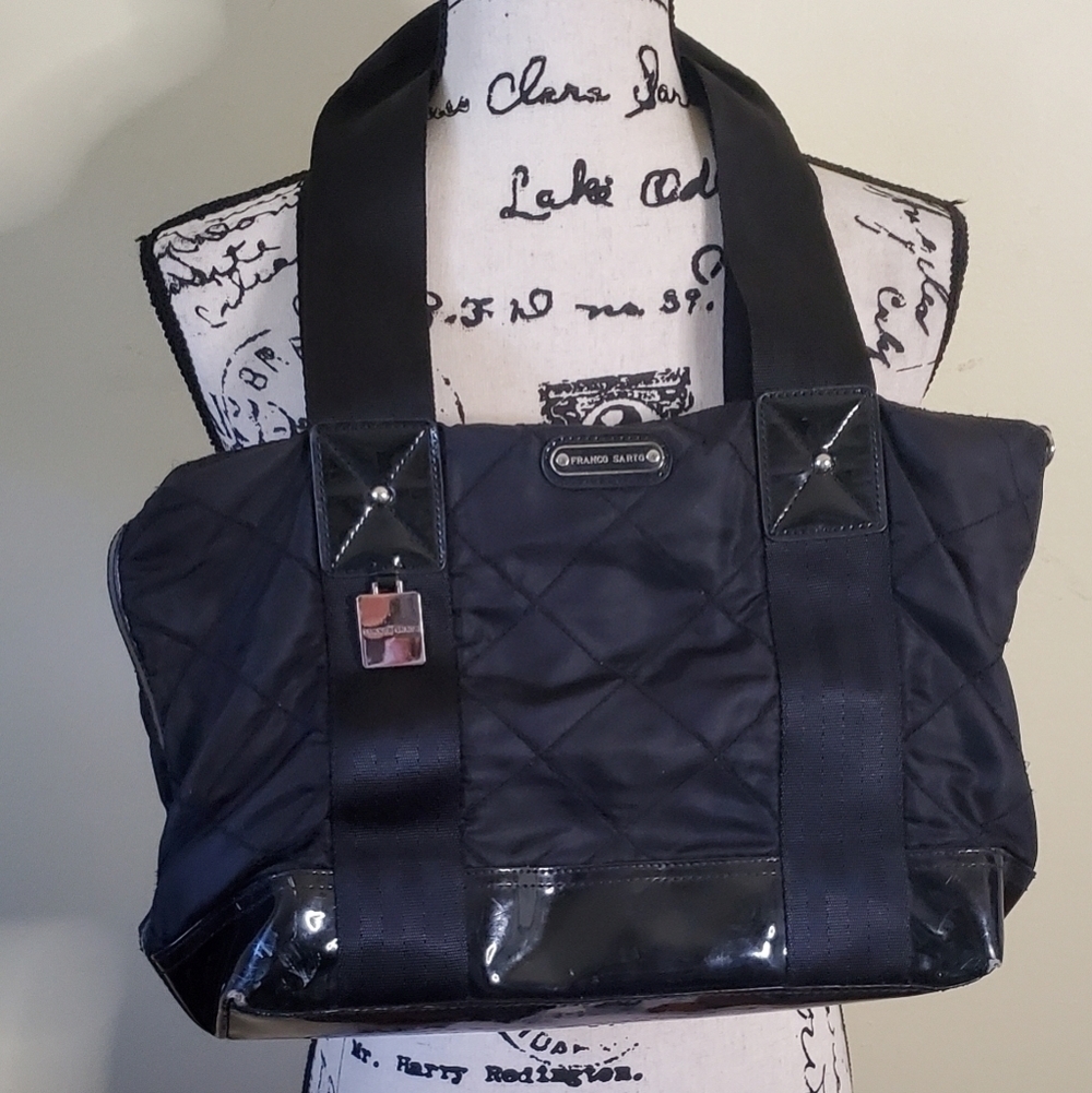 Franco Sarto Black Quilted Patent Leather Tote Bag